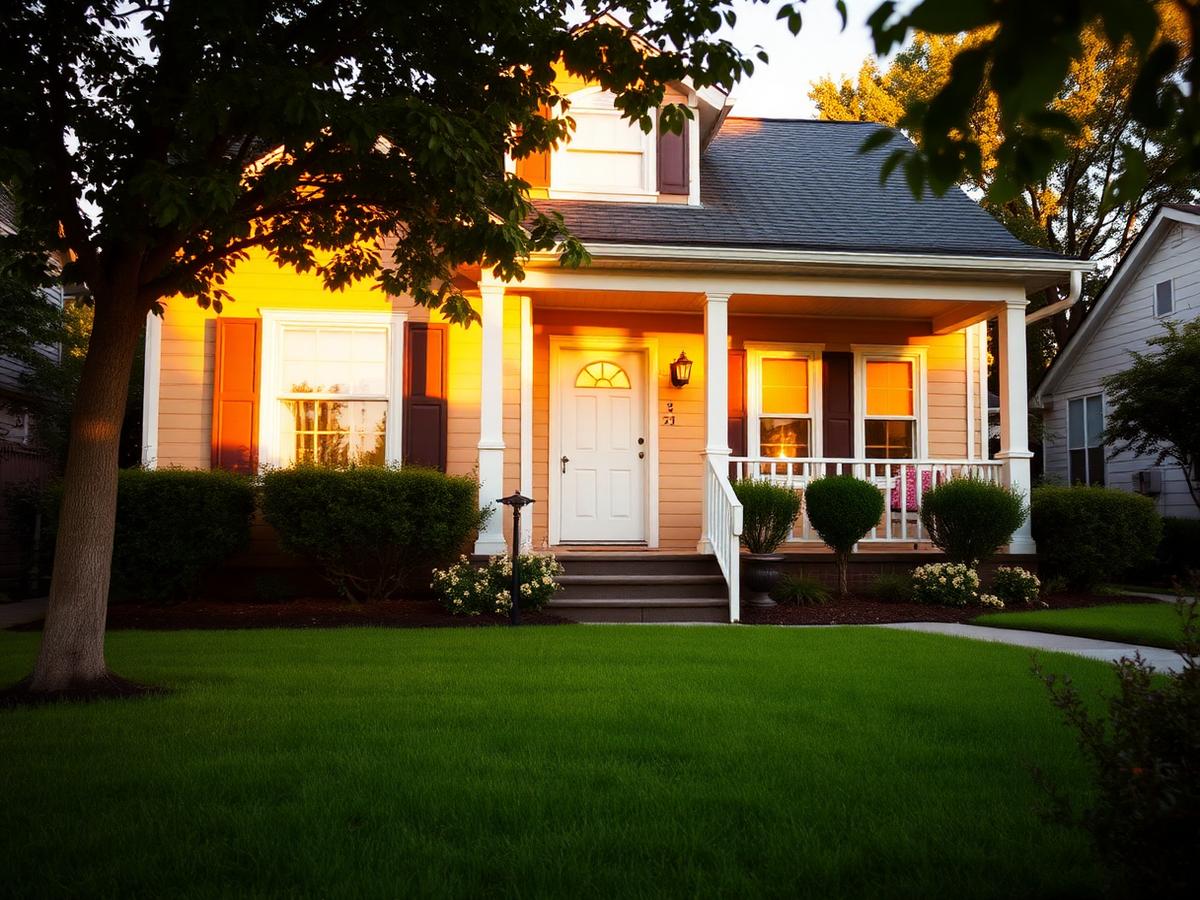 A warmly lit family home at golden hour with a tidy front lawn